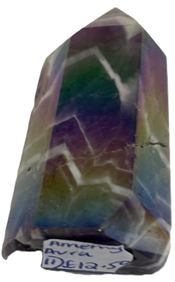 Standing rainbow amethyst aura polished crystal point 11 sians emporium Polished rainbow amethyst aura quartz generator point showing iridescent green violet and gold metallic sheen over natural chevron banding